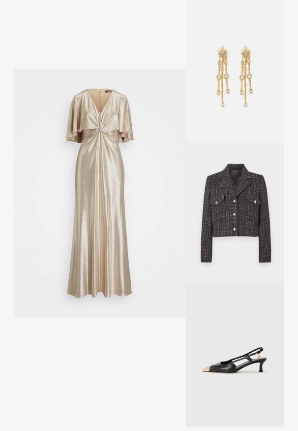 Trumpas švarkelis tamsaus tweedo su languotu raštu, sidabro spalvos sagomis, dviem priekinėmis kišenėmis ir suapvalintais atvartais. Vidus pamuštas.; Metallic aukso ilga suknelė su trumpomis, plazdančiomis rankovėmis, giliu V formos iškirpimu, susuktos priekinės detalės ir paslėptu galiniu užtrauktuku. Lygus, tekstūruotas audinys.; Juodas odinis slingback batelis su smailiu pirštu ir auksine metaline nose. Pasižymi išpjovimo dizainu ir plonu kulnu su reguliuojamu dirželiu.; Aukso spalvos auskarai su keliais kaskadiniais grandinėlėmis, su skaidriais ovaliais kristalų akcentais ir dekoratyviniais auskarų priekiais.