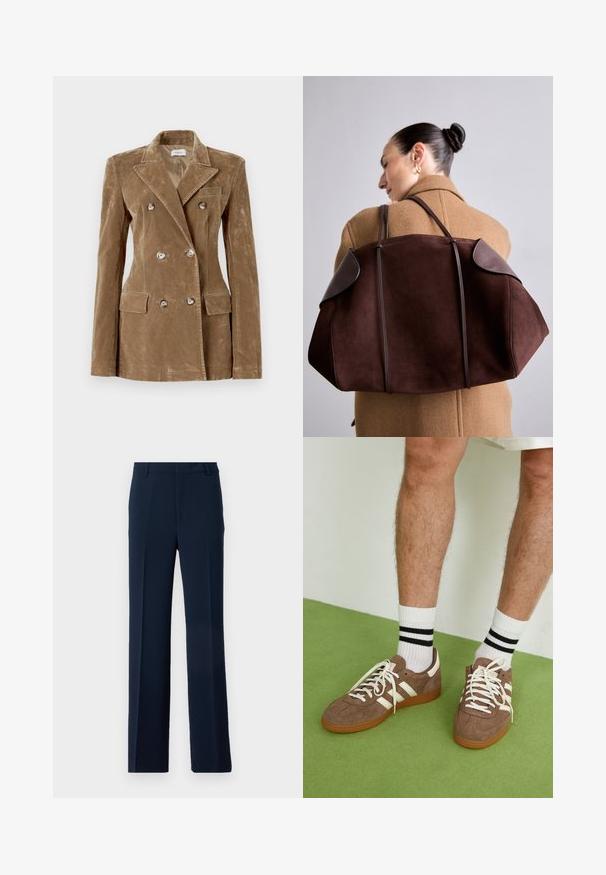 Sportmax SPOLETO - Blazer - cammello; Camisola branca de gola alta de manga longa, feita de um tecido liso e elástico. Apresenta um ajuste justo e uma gola alta. Sem padrões ou detalhes visíveis.; Calças azul-marinho feitas de tecido liso, apresentando um design de perna reta com pregas frontais e bolsos laterais para um look sob medida.; Sapatilhas de camurça castanha com detalhes e atacadores brancos. Sola de borracha color de caramelo. Usadas com meias brancas com riscas pretas. Piso texturizado verde.; Bolsa de camurça castanha com pormenores em pele escura, apresentando uma forma estruturada e alças duplas, segurada ao ombro contra um casaco bege.