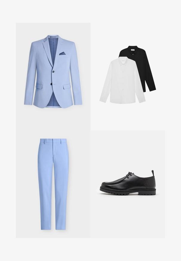 Světle modrý blazer vyrobený z hladké látky, s klopovým límcem, dvěma předními kapsami, dvěma knoflíky a náprsní kapsou s námořnickým akcentem.; Bílé a černé dlouhé rukávy s špičatými límečky, předními knoflíky a hladkou texturou látky. Etikety viditelné na vnitřní straně límce.; Světle modré pouzdrové kalhoty s hladkým povrchem, rovnými nohavicemi a přední kapsou. Obsahují poutka na pásek a zapínání na zip.; Černé kožené šněrovací boty s robustní podrážkou a poutkem na patě, zobrazené ze strany na bílém pozadí.