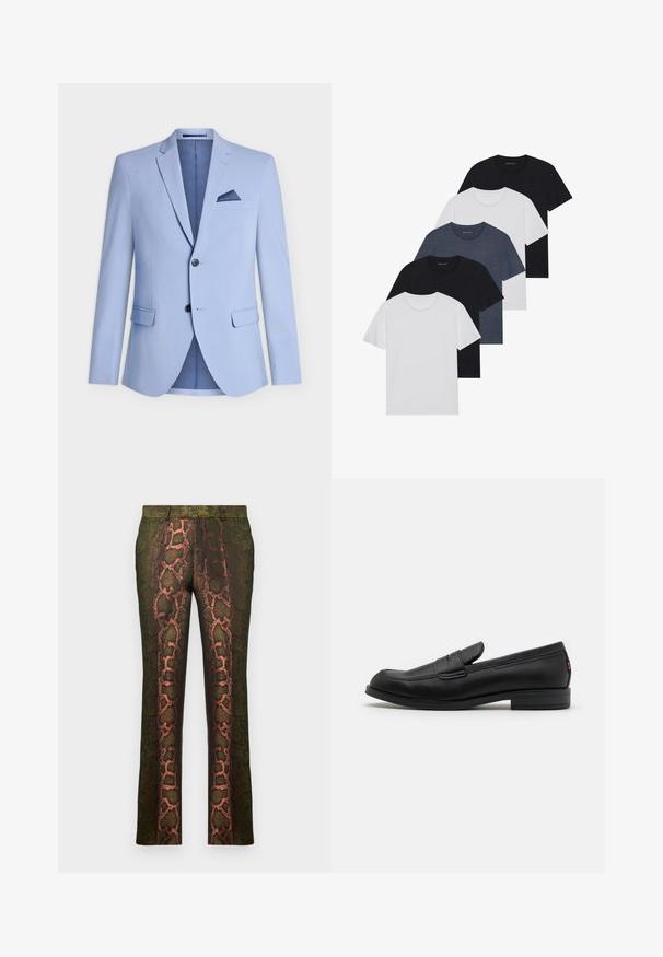 Blazer azzurro chiaro realizzato in tessuto liscio, con revers a vista, due tasche frontali, due bottoni e una tasca sul petto con accento blu navy.; Set di cinque t-shirt in nero, bianco e blu navy. Tessuto di cotone, maniche corte, design a collo rotondo e texture semplice senza motivi.; Pantaloni verdi a fantasia con motivo a pelle di serpente in tonalità di marrone e arancione, taglio dritto e texture liscia.; Mocassini in pelle nera con finitura liscia, punta arrotondata e una piccola pattina decorativa. Presentano un tacco basso e impilato e un sottile dettaglio di branding.