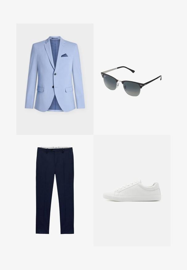 Blazer de color azul claro hecho de tela suave, con solapas de muesca, dos bolsillos frontales, dos botones y un bolsillo en el pecho con un acento en navy.; Camisetas blancas de manga corta apiladas, hechas de algodón. Presentan un cuello redondo y un corte recto. La tela parece suave y sin patrones.; Pantalones azul marino de corte slim con patrón de rayas. Con cremallera, presillas para cinturón y bolsillos frontales. Textura de tela suave.; Zapatillas blancas de corte bajo hechas de cuero liso, con puntera redondeada, seis ojales para cordones y una suela de goma texturizada.; Gafas de sol negras y plateadas con forma de ojo de gato, lentes degradados y acentos metálicos en la montura. Patillas de plástico con puntas grises.