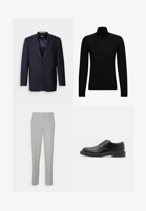 Σακάκι Ναυτικού τύπου από ύφασμα, με αντίθετες λευκές ραφές κατά μήκος των πέλλεων και των ακμών, διαθέτοντας δύο μπροστινές τσέπες και κλείσιμο με έναν μόνο κουμπί.; Μαύρο πουλόβερ σταυρωτό λαιμό, φτιαγμένο από μαλακό υλικό, με μακριά μανίκια και εφαρμοστή γραμμή. Ριγωτή λεπτομέρεια στο τελείωμα και στους καρπούς. Απλός σχεδιασμός.; Ανοιχτό γκρι παντελόνια με λεία υφή, επίπεδο μπροστινό μέρος και ίσιες γραμμές. Κατασκευασμένα από αναπνεύσιμο ύφασμα, διαθέτουν εσωτερικές τσέπες και θηλιές για ζώνη.; Μαύρο δερμάτινο παπούτσι με κορδόνια, με στρογγυλή μύτη, λεία υφή, ελάχιστη ραφή και χαμηλή καουτσούκ σόλα. Λογότυπο στη σόλα.