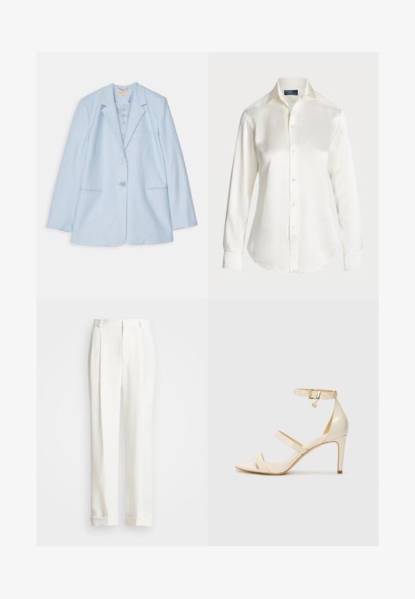 Sacou bleu deschis cu un design ajustat, având două buzunare frontale, închidere cu un singur nasture și rever tip notch. Textură de stofă netedă.; Cămașă albă cu mânecă lungă, dintr-un material neted, având un guler clasic și o strălucire subtilă, cu un tiv rotund și detalii cu nasturi.; Pantaloni albi, croiți pe măsură, cu două pliuri frontale, tăietură dreaptă și tivuri pliate. Realizați dintr-un material neted, având un design clasic.; Sandale cu toc înalt bej, cu curea subțire la gleznă și două curele superioare. Finisaj lucios din patent și detalii din metal auriu pe cureaua de la gleznă.