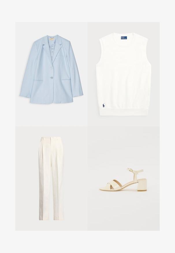 Lichtblauwe blazer met een op maat gemaakte ontwerp, voorzien van twee voorzakken, een enkele knopen sluiting en gelapte revers. Gladde stofstructuur.; Witte mouwloze sweater van glad katoen, met een geribde onderrand en een klein marineblauwe logo op de linkeronderzijde. Eenvoudig ontwerp, geen patronen.; Polo Ralph Lauren HEMP WIDE LEG PANT - Broek - nevis; Beige gepolijst lederen sandalen met hakken, voorzien van een kruisbandontwerp, open teen, verstelbare enkelband en een blokhak. Gladde textuur.