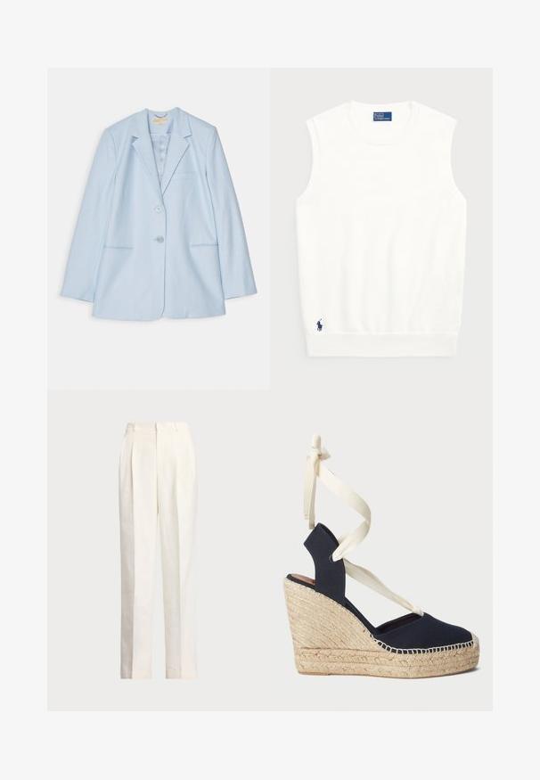Gaiši zils žakets ar pielāgotu dizainu, kas ietver divas priekšējās kabatas, vienu pogu aizdari un izgriezuma apvada. Gluda auduma tekstūra.; Balts bezpaliktņa džemperis, izgatavots no gludas kokvilnas, ar ribotu apmalīti un mazu tumši zilu logotipu apakšējā kreisajā stūrī. Vienkārša dizaina, bez rakstiem.; Polo Ralph Lauren HEMP WIDE LEG PANT - Auduma bikses - nevis; Jūras spēku zili kanvas iešļūcenes ar espadrille virvi apakšā un krēmkrāsas lentes sasaitēm pie potītes. Slēgta papēža un apaļā pirksta dizains.