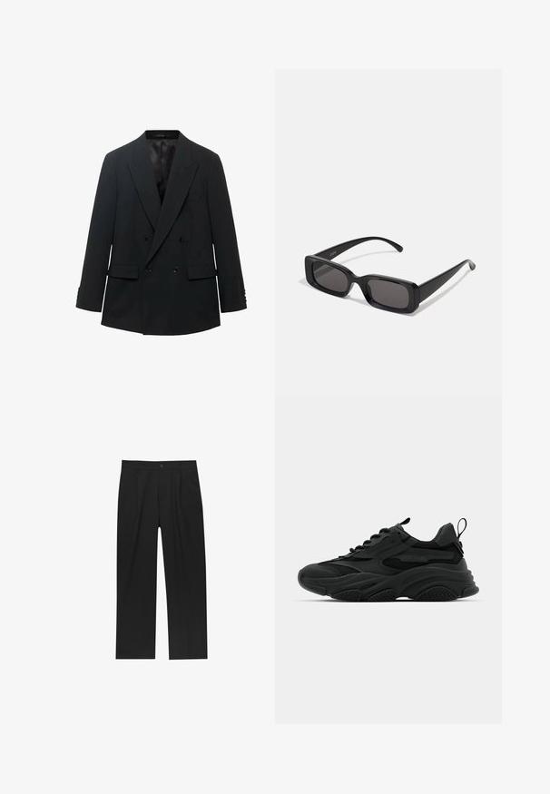 Czarna dwurzędowa marynarka z wyłogami, dwoma przednimi kieszeniami i zapinanymi rękawami. Wykończona gładkim satynowym podszewką.; Czarny top na ramiączkach z okrągłym dekoltem i szerokimi ramiączkami. Wykonany z miękkiego materiału, charakteryzujący się gładką fakturą i prostym wzornictwem.; Czarne spodnie o prostym kroju, wykonane z gładkiego materiału. Posiadają zakładki z przodu i pojedyncze zapięcie na guziki w pasie.; Czarne sportowe sneakersy z masywną podeszwą, siateczkowymi panelami i gumowymi akcentami. Posiadają uchwyt na pięcie oraz teksturowane wzory.; Czarne prostokątne okulary przeciwsłoneczne z ciemnymi szkłami, błyszczącym wykończeniem, szerokimi zausznikami i masywną konstrukcją. Wygrawerowana nazwa marki na jednym z zauszników.