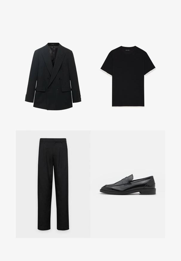 Black double-breasted blazer with peaked lapels, two front pockets, and buttoned sleeves. Finished with a smooth satin inner lining.; Black short-sleeve t-shirt with a textured fabric, featuring white accents on the cuffs. Rounded neckline, relaxed fit.; Black trousers made of smooth fabric, featuring a straight-leg design, two front pleats, and standard waistband with belt loops.; Black leather loafers with a smooth finish, featuring a rounded toe and a narrow band across the upper. Low stacked heel.