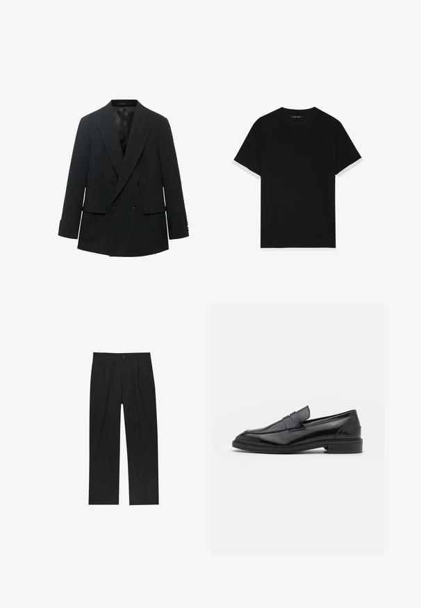 Sacou negru cu două rânduri de nasturi, cu rever ascuțit, două buzunare frontale și mâneci cu nasturi. Finisat cu o căptușeală interioară din satin moale.; Tricou negru cu mânecă scurtă, confecționat dintr-un material texturat, având accente albe pe manșete. Guler rotund, croială lejeră.; Pantaloni negri cu un design drept, fabricați dintr-un material neted. Au plisse în față și un sistem de închidere cu un singur buton la talie.; Pantofofi din piele neagră cu un finisaj neted, având vârful rotunjit și o bandă îngustă pe partea superioară. Toc mic, stratificat.