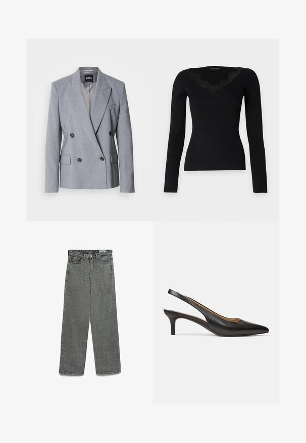 Blazer doppiopetto grigio chiaro realizzato in tessuto testurizzato, con rever a punta, due tasche frontali e bottoni neri. Fodera interna.; Maglietta nera a maniche lunghe in tessuto a coste con scollatura a V e dettagli in pizzo. La texture del tessuto appare liscia e aderente, adatta per look stratificati.; Jeans grigi alti in vita con gamba dritta, chiusura a bottone e cerniera, passanti per cintura e tasche frontali e posteriori.; Décolleté slingback in pelle nera con punta affilata e tacco basso a kitten heel, vista laterale su sfondo bianco uniforme.