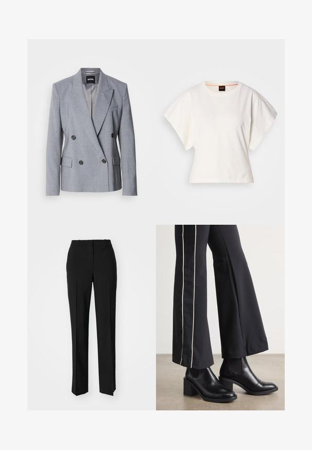 Világosszürke, dupla soros zakó, strukturált anyagból készült, csúcsos hajtókával, két elülső zsebbel és fekete gombokkal. Belseje bélelt.; Fehér, rövid, bő ujjú, crop szabású póló, puha pamut anyagból, kerek nyakkivágással, finom narancssárga díszítéssel, minimalista dizájn, minta vagy grafika nélkül.; Fekete, testhezálló nadrág egyenes szárú kivitelben, sima textúrával és éles redőkkel az elején. Nincs látható fémalkatrész.; Fekete bőr bokacsizma, tömbsarkúval, oldalán rugalmasszal ellátott panelek találhatók. Fekete nadrággal párosítva, amelynek fehér oldalsávja van.