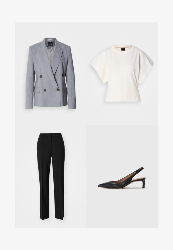 Blazer gri deschis, cu două rânduri de nasturi, realizat dintr-un material texturat, având rever în vârf, două buzunare frontale și nasturi negri. Interiorul este căptușit.; Tricou alb scurt, cu mâneci scurte și largi, din bumbac moale, cu decolteu rotund și un finisaj subtil portocaliu, design minimalist, fără modele sau grafice.; Pantaloni negri tailor-ed cu un design drept, având o textură fină și cute clare pe față. Fără elemente de prindere vizibile.; Pantofii slingback din piele neagră, cu vârf ascuțit, toc jos și o textură netedă. Prezintă o curea subțire, ajustabilă, pentru o fixare sigură.