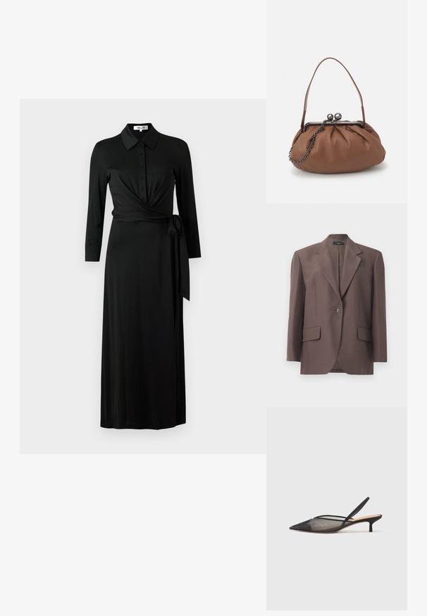 Brauner maßgeschneiderter Blazer mit Reverskragen, einem Knopf, zwei Vorderaschen und einer glatten Stoffoberfläche. Aus strukturiertem Material gefertigt.; Schwarzes Wickelkleid aus glattem Stoff, mit einem Kragen, Knopfverschluss, langen Ärmeln, Taillengürtel und langem Rock.; NEOUS IRENA - Pumps - black; Braune Leder-Handtasche mit gerafftem Design, einem kurzen Ledergriff und einem Kettenriemen. Sie verfügt über einen silbernen Metallverschluss mit zwei runden Akzenten.
