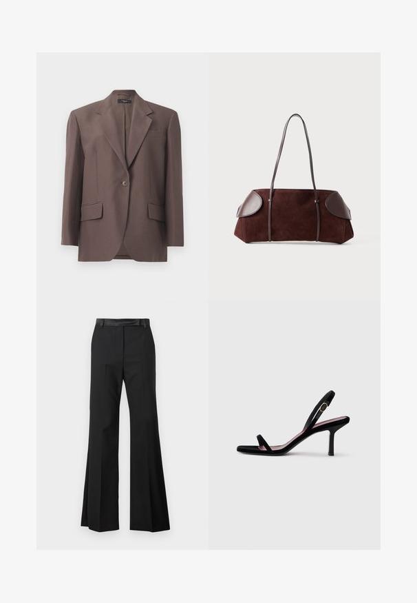 Blazer marron ajusté avec un col cranté, un bouton simple, deux poches avant et une finition en tissu lisse. Composé d'un matériau structuré.; Pull à col roulé noir en tissu doux. Il dispose de manches longues, d'un col montant et de bords côtelés pour un look cintré.; Pantalons évasés noirs avec une finition en tissu lisse, dotés d'une taille solide et de plis marqués pour une apparence soignée.; Une sandale à talons hauts pour femmes en daim noir avec des lanières fines et une boucle dorée sur fond blanc, vue de côté.; Sac en daim marron avec des accents en cuir, forme structurée, double poignées, bords arrondis, présentant une texture lisse et un matériel minimal.