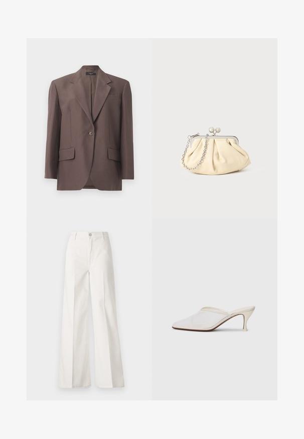 Sacou personalizat, de culoare maro, cu rever cu zimți, un singur nasture, două buzunare frontale și un finisaj din țesătură netedă. Construit dintr-un material structurat.; Pulover negru cu guler înalt, fabricat dintr-un material moale. Are mâneci lungi, un guler înalt și manșete și tiv cu dantelă pentru un aspect ajustat.; Pantaloni albi cu picioare largi, confecționați din bumbac cu o textură fină. Prezintă un buton în față, fermoar și un design cu patru buzunare.; Mule alb cu plasă, cu vârf ascuțit, toc subțire de înălțime medie și design slip-on, pe un fundal simplu.; Clutch din piele plisată bej, cu un cadru din metal argintiu, având două închideri decorative rotunde și o curea din lanț argintiu.