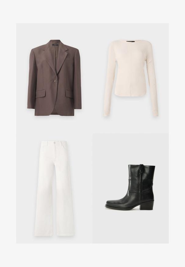Blazer marrone su misura con revers a punta, bottone singolo, due tasche frontali e una finitura in tessuto liscia. Composto da materiale strutturato.; Maglietta a maniche lunghe di colore beige chiaro con scollatura rotonda. Realizzata in tessuto morbido, presenta una cucitura centrale e un orlo leggermente curvato. Senza hardware visibile.; Jeans bianchi a vita alta e gamba larga realizzati in denim. Presentano una chiusura con bottone, due tasche anteriori e cuciture decorative nei lati.; Stivale ankle in pelle nera con punta arrotondata, tacco a blocco, cerniera laterale e dettagli in cucitura sulla tomaia. Texture liscia, design classico.