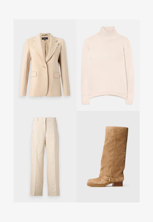 Blazer bege com lapela notched, fecho de botão único e dois bolsos frontais. Feito de tecido suave, apresentando um corte ajustado.; Pulôver de gola alta de manga longa, na cor rosa clara, com colarinho e bainha canelados, apresentando um corte relaxado e uma textura suave e macia.; Calças de linho bege com um corte solto, frente plissada e pernas retas. Apresentam uma cintura com passantes para cinto e sem bolsos visíveis.; Bota de camurça em tom bege, até ao meio da panturrilha, com um tacão baixo e empilhado, bico redondo e uma correia ajustável com uma fivela dourada à volta do tornozelo.