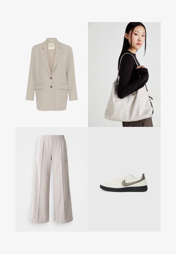 Blazer grigio chiaro realizzato in tessuto testurizzato, con colletto a revers, due tasche frontali e chiusura con bottoni frontali.; Top senza maniche neri e crema in cotone, caratterizzati da colli rotondi e una trama liscia, impilati con le etichette in vista.; Pantaloni ampi grigio chiaro realizzati in tessuto liscio. Presentano una vita elastica e il logo Nike nero sul lato sinistro.; Nike Sportswear FIELD GENERAL - Sneakers basse - off-white/black; Borsa a mano beige realizzata in materiale morbido, caratterizzata da un design morbido, dettagli cuciti e due manici. Adatta per l'uso quotidiano.