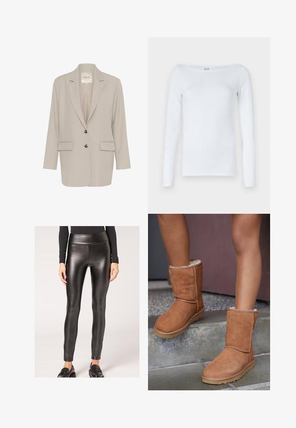 Ljusgrå blazer i strukturerad tyg, med slagkrage, två fickor fram och knappstängning fram.; Vit långärmad skjorta i bomullsmix, med rundade halsringning och en slim fit-design. Inga synliga mönster eller detaljer.; Svart konstläder leggings med hög midja, med en slät yta och figurnära design, som har en elegant silhuett och minimala detaljer.; Bruna mockaskor med ankellängd, rund tå, mjukt foder och gummisula, med synlig sömdetalj längs sömmarna.