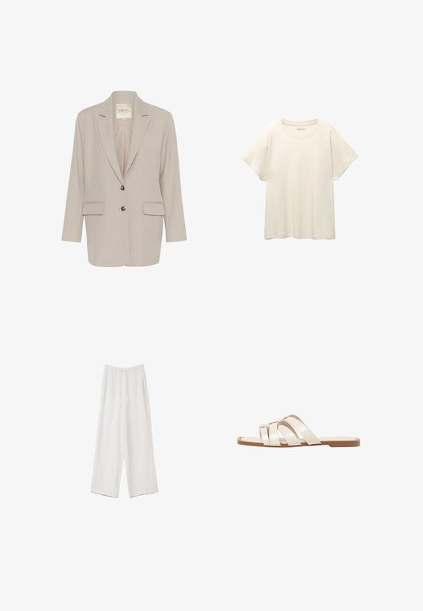 Light gray blazer made of textured fabric, featuring a notched collar, two front pockets, and front button closure.; Light beige short-sleeve t-shirt with a round neckline, made of soft, smooth fabric. Features a relaxed fit and straight hemline.; White wide-leg trousers made from a lightweight fabric. Features an elastic waistband with a drawstring and side pockets. Smooth texture.; Flat sandals with a tan rubber sole, designed with three overlapping white leather straps and a small bow detail at the center.