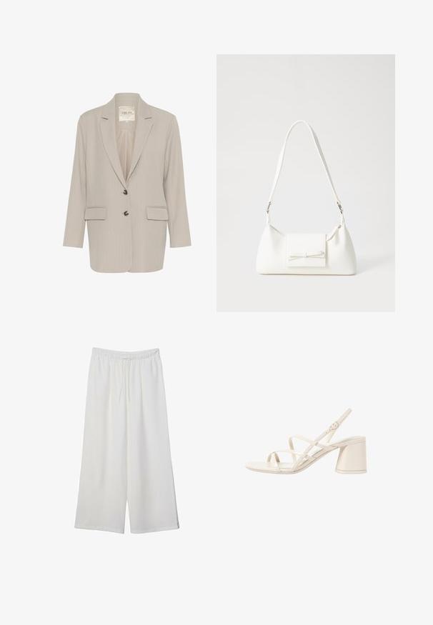 Hellgrauer Blazer aus strukturiertem Stoff mit einem Reverskragen, zwei vorderen Taschen und einer Verschlussleiste mit Knöpfen.; Weißes T-Shirt mit kurzen Ärmeln, lockerer Passform und gerafftem Stoff an der Taille. Aus weichem, leichtem Material gefertigt.; Weiße, weit geschnittene Hosen aus leichtem Stoff, mit einem elastischen Bund und einem Zugband für eine verstellbare Passform. Glatte Textur.; Beige High Heels Sandalen mit schlanken, überkreuzten Riemen, offener Zehenpartie und einem quadratischen Blockabsatz. Glänzende Lack-Oberfläche, verstellbarer Knöchelriemen.; Weiße synthetische Handtasche in dreieckiger Form, flache Vorderklappe und Schleifendetail, verstellbarer Trageriemen, glatte Textur und minimalistisches Design.