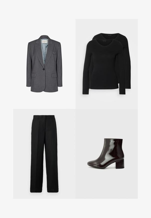 Sacou gri, croit cu rever lat, închidere cu un singur nasture, două buzunare frontale și o căptușeală cu un model bleu deschis.; Două cămăși negre cu mâneci lungi și decolteu în V, fabricate dintr-un material moale și elastic, cu o textură netedă și o formă ajustată.; Pantaloni negri cu picioare largi, fabricați dintr-un material ușor. Au un față plată cu bucle pentru curea și buzunare laterale, oferind o potrivire lejeră.; Botine negre din piele lăcuită, cu vârful ascuțit și toc robust. Textură netedă cu un luciu subtil și linii curate, design minimalist.