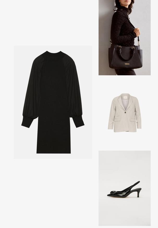 Blazer grigio chiaro con chiusura a un bottone, revers a punta, due tasche frontali e sottili righe verticali. Vestibilità standard, maniche lunghe.; Vestito nero caratterizzato da un tessuto a coste con maniche a palloncino e scollatura alta. La silhouette è dritta e arriva fino al ginocchio.; Sandal con tacco in vernice nera, punta affilata, tacco piccolo e un grande fiocco in evidenza sulla tomaia. Texture liscia e design elegante.; Borsa nera con superficie texturizzata, manici superiori doppi e tracolla regolabile. Dotata di hardware color oro e tasche laterali.