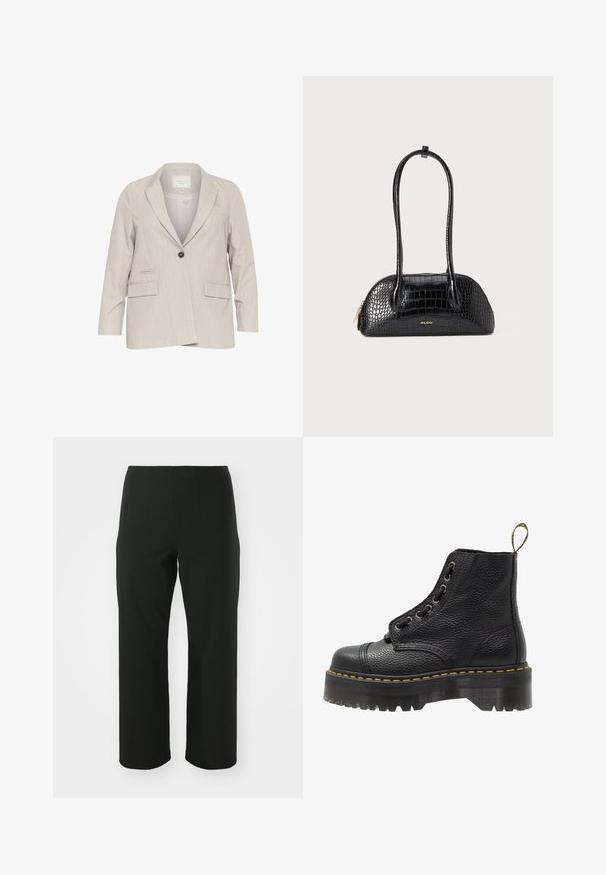 Světlé šedé sako s jedním knoflíkem, s klopami, dvěma předními kapsami a jemnými vertikálními pruhy. Standardní střih, dlouhé rukávy.; Černý top s dlouhými krajkovými rukávy, který má pevným černým tělem a květinovými krajkovými detaily. Kulatý výstřih s hladkým texture.; Vero Moda Curve VMCAUGUSTA PANT - Kalhoty - black; Černá kožená kotníková bota s texturovaným povrchem, kulatou špičkou, šněrovacím designem, žlutým prošíváním a silnou, vroubkovanou černou podešví.; Černá kabelka s krokodýlím vzorem, hladkým povrchem, zaobleným tvarem a dvěma štíhlými uchy. Zlatý logo akcent poblíž základny.