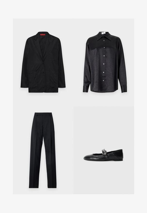 Mustat kevyet bleiseri, joka on valmistettu sileästä kankaasta ja jossa on lovetut kaulukset, kaksi etutaskua ja yhden napin kiinnitys. Punainen etiketti sisällä.; Musta pitkähiha vaarallista paitaa, jossa on kauluspanta, ryppytynyt pinta, täysi napitus edessä ja hihansuut. Valmistettu sileästä kankaan.; Musta housut, jotka on valmistettu sileästä kankaasta ja joissa on korkea vyötärö, leveät lahkeet, etukaarteet ja klassiset vyölenkit. Ei näkyviä sivutaskuja.; Mustat nahka ballet-mokkasiinit, joissa on kärjellinen muoto, ympyrämäinen metallinen solki ja tasapohja.