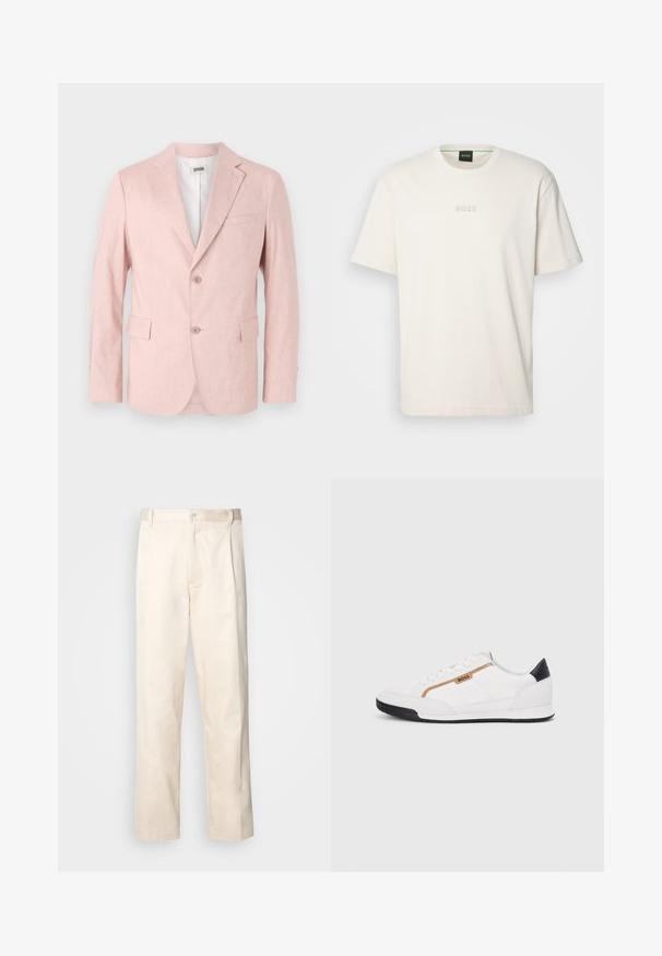 Blazer rose clair en tissu texturé, avec un col cranté, deux boutons, deux poches avant et une poche poitrine.; BOSS TEE - T-shirt basique - open white; Pantalon en coton beige avec une coupe droite, présentant une fermeture à bouton et des plis sur le devant pour plus de détails.; Baskets blanches avec des accents en maille et en cuir. Caractéristiques d'un logo "BOSS" doré, de panneaux latéraux texturés et d'un capuchon de talon noir. Semelle en caoutchouc.