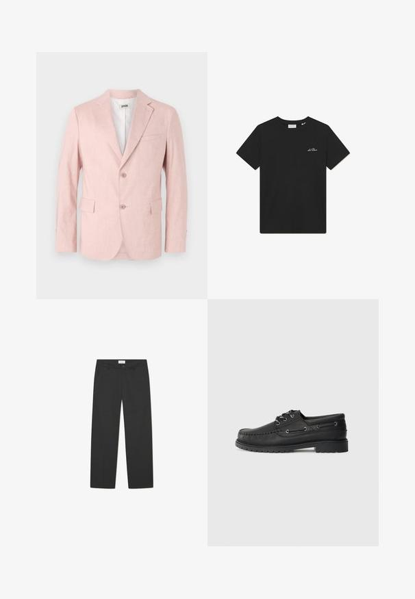 Jasnoróżowa marynarka wykonana z teksturowanej tkaniny, z klapami w kształcie notcha, dwoma guzikami, dwoma przednimi kieszeniami oraz jedną kieszenią na piersi.; Czarny bawełniany T-shirt z okrągłym dekoltem i krótkimi rękawami, z małym białym haftowanym logo na lewej części klatki piersiowej.; Czarne spodnie wykonane z lekkiego materiału. Posiadają prosty krój, płaski przód, kieszenie boczne oraz dyskretną talię.; Czarne skórzane buty żeglarskie z grubą gumową podeszwą, sznurowanym przodem i ozdobnymi oczkami po bokach na jednolitym jasnoszarym tle.