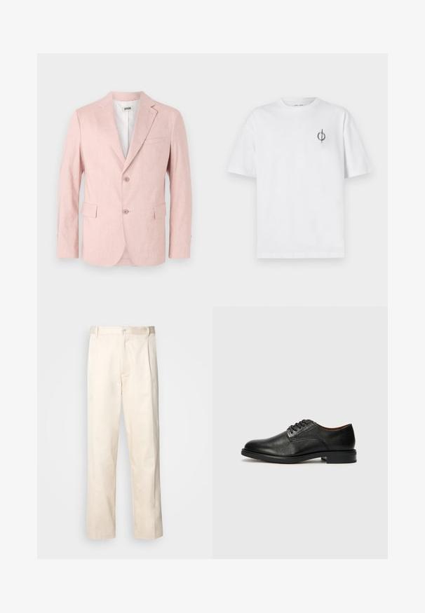 Světle růžový blazer vyrobený z texturované látky, s klopovým límcem, dvěma knoflíky, dvěma předními kapsami a jednou náprsní kapsou.; Bílý bavlněný tričko s volným střihem, které má malé černé grafické logo na levé straně hrudi. Krátké rukávy, kulatý výstřih.; Bežové bavlněné kalhoty se střihy rovného nohavice, s knoflíkovým zapínáním a záhyby vpředu pro zvýraznění detailu.; Tommy Hilfiger VOGUE LTH - Elegantní šněrovací boty - black