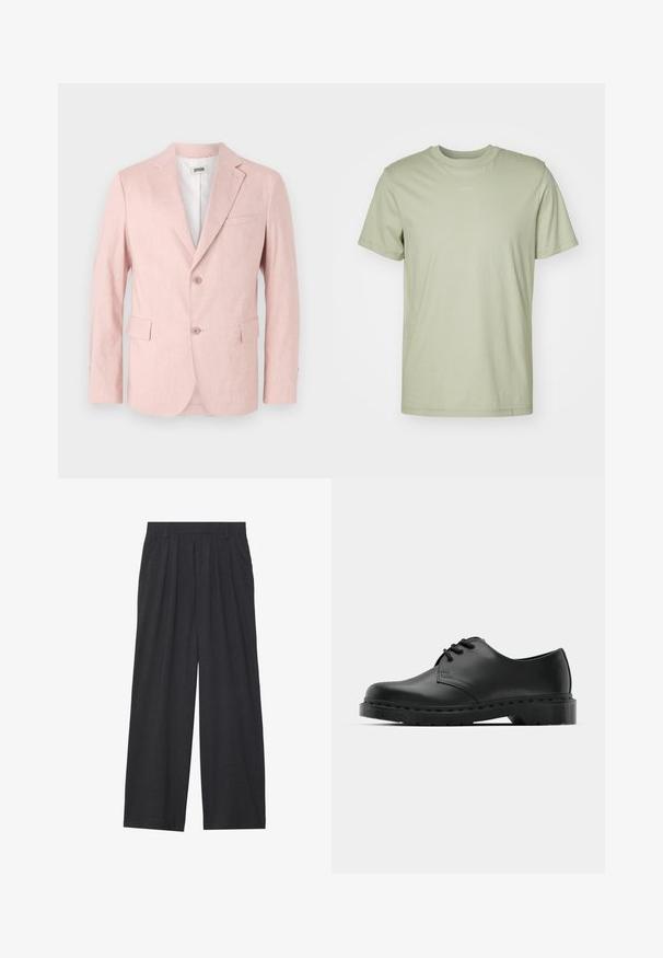 Ljusrosa kavaj i strukturerad tyg, med slagkrage, två knappar, två framfickor och en bröstficka.; Ljusgrön bomull T-shirt med rund halsringning, korta ärmar och en diskret logotyp tryckt i mitten av bröstet.; Vidbyxorna är tillverkade av mörkgrått tyg. De har veck i midjan, en skräddarsydd design och en rak silhuett.; Svart lädersko i oxford-stil med snörningsdesign, rund tå, platt gummisula och subtila sömdetaljer längs ovandelen.