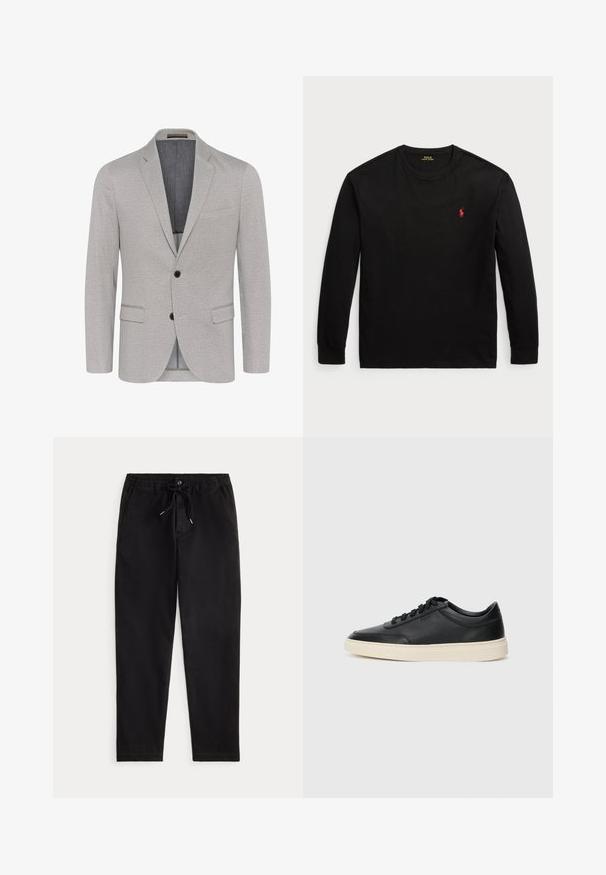 Gai pelēks bleizers ar strukturētu audumu, ar ieliektiem apkakles galiem, divu pogu aizdari un kabatām ar atloku. Odere ar kontrastējošu krāsu.; Melnas garās piedurknes T-krekls no kokvilnas. Iezīmēts ar apaļu kakla izgriezumu, ribotiem piedurknēm un mazu sarkanu izšūtu logotipu uz krūts. Gluda tekstūra.; Melnas ikdienas bikses ar elastīgu josta, aukliņu, priekšējo pogu un sānu kabatām, attēlotas uz neitrāla fona.; Melnas zemas ādas sporta kurpes ar melnām auklām un off-white zoli, rādītas no sānu profila uz baltā fona.