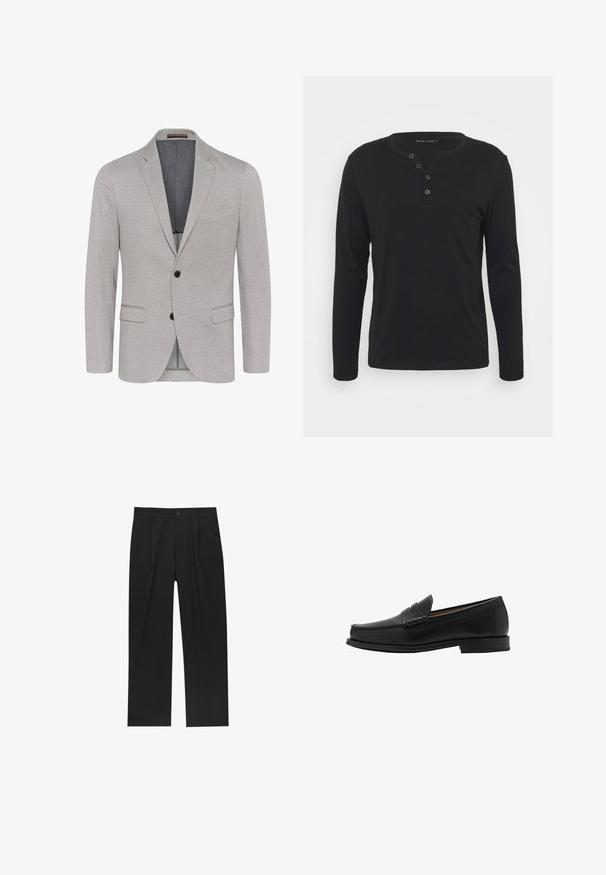 Blazer grigio chiaro con tessuto testurizzato, revers a punta, chiusura a due bottoni e tasche con patta. Interno foderato con un colore a contrasto.; Maglietta nera a maniche lunghe tipo henley, realizzata in tessuto morbido, con patta bottonata, scollatura rotonda e maniche aderenti.; Pantaloni neri con un design a gamba dritta, realizzati in un tessuto liscio. Presentano pieghe frontali e una chiusura a un bottone in vita.; Mango Mocassini eleganti - black