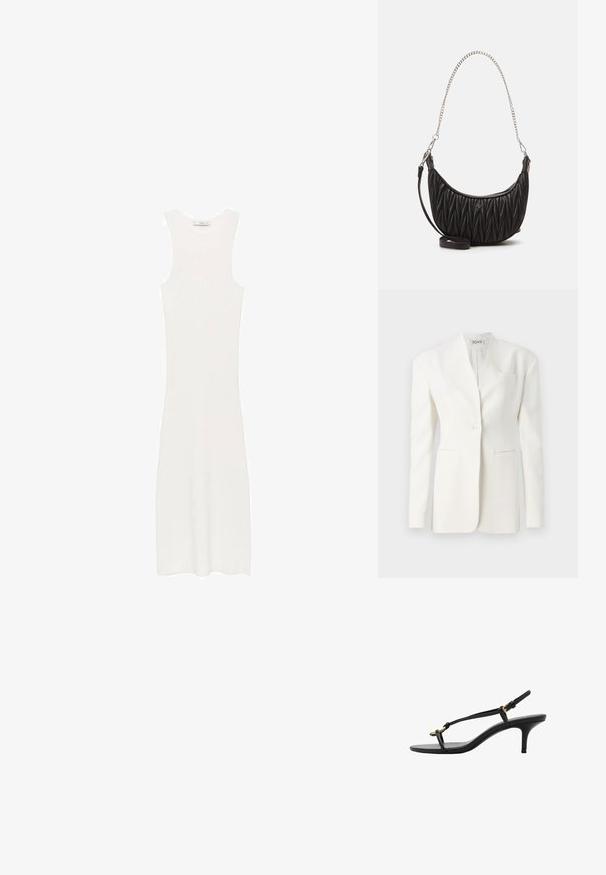 Hvid skræddersyet blazer med en enkelt knap, spidse lapeller, to forlommer og en brystlomme. Glat stof med en struktureret silhuet.; Hvid, ærmeløs, ribbet strikkjole med en tætsiddende silhuet, der når under knæene. Enkel og minimalistisk design uden mønstre eller hardware.; Sort læder kitten hæl sandal med tynde stropper, guldspænde og minimalistisk tå løkke på en hvid baggrund.; Sort faux læder håndtaske med quiltet tekstur, buet form, sølv kædestrop og en lille logoaccent foran.