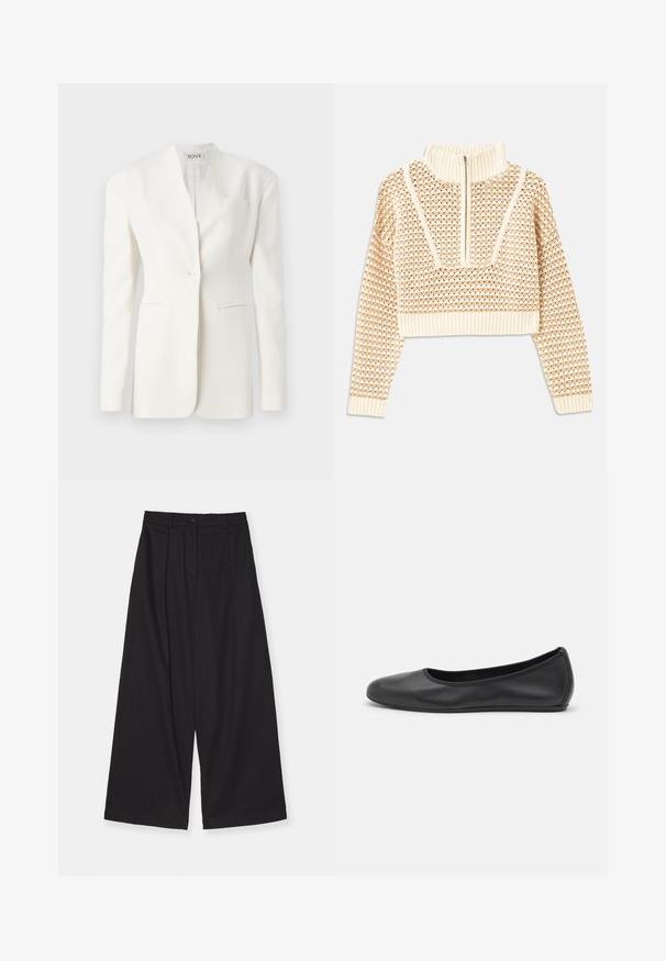 Bijela sako jakna krojena po mjeri s jednim dugmetom, vrhunskom reverom, dva prednja džepa i džepom na prsima. Glatka tkanina s oblikovanim siluetom.; Svijetlo bež skraćeni džemper s rajsferšlusom i visokom ovratnikom, s teksturiranim uzorkom i rebrastim rukavima i rubom. Kombinira pletivo i tkaninu.; Crne široke hlače izrađene od glatkog materijala, s visokim strukom, prednjim nabranjima, zatvaranjem na dugme i ravnim siluetom.; Crne kožne baletanke s zaobljenim vrhom, glatke teksture, minimalnim detaljima šavova i fleksibilnim dizajnom potplata.