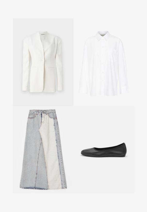 Witte op maat gemaakte blazer met een enkele knoop, scherpe revers, twee vo pockets en een borstzak. Glad materiaal met een gestructureerde silhouet.; Witte lange mouwen overhemd met kraag van katoen. Voorzien van een knoopsluiting aan de voorkant en een enkele borstzak. Een gladde textuur en een ontspannen pasvorm.; Denim rok met een patchworkontwerp bestaande uit lichte en middelblauwe secties, rafelige zomen en een hoge taille. Klassiek vijf-pocket model.; Zwarte leren ballerina met een ronde neus, gladde textuur, minimale stikdetails en een flexibele zoolontwerp.