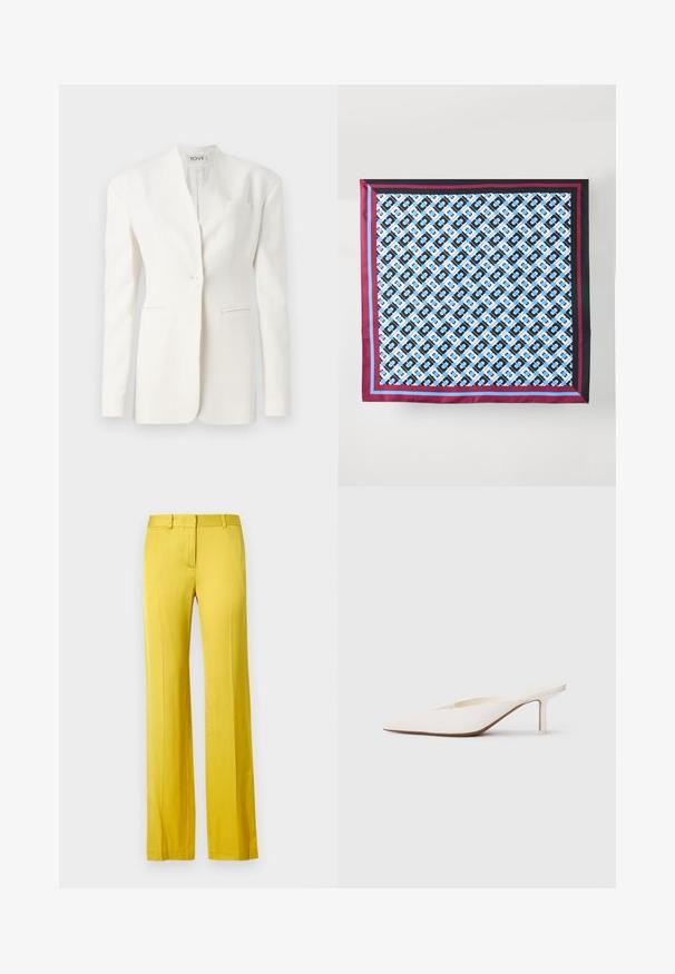 Blazer bianco su misura con un singolo bottone, revers a punta, due tasche frontali e una tasca sul petto. Tessuto liscio con una silhouette strutturata.; Top a collo alto a maniche lunghe in tessuto nero trasparente con un motivo a catena bianca ripetuto. Design aderente con sottili dettagli arricciati in vita.; Pantaloni a gamba larga in giallo brillante, realizzati in tessuto liscio. Presentano una tasca frontale e una cintura sagomata per un aspetto strutturato.; Mule bianco a punta con tacco stiletto basso. Realizzato in materiale liscio con un design minimalista e dettagli delicati sulla suola colorato beige.; Foulard in seta con un motivo ripetuto blu e nero su uno sfondo bianco, bordato da strisce bordeaux e blu lungo i lati.