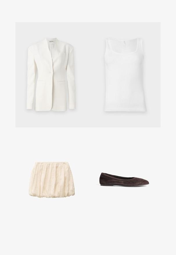 Hvid skræddersyet blazer med en enkelt knap, spidse lapeller, to forlommer og en brystlomme. Glat stof med en struktureret silhuet.; Hvid ribbet tanktop med rektangulær udskæring og brede skulderstropper. Stofmaterialet har en tekstureret, strækbar overflade.; Elfenbensfarvet kort nederdel lavet af letvægts, tekstureret stof med samlet design og elastisk talje. Casual og alsidig til forskellige outfits.; Brune ruskinds ballerina med spids tå og lav profil. Har en glat tekstur og minimalistisk design. Ingen synlig hardware eller accenter.
