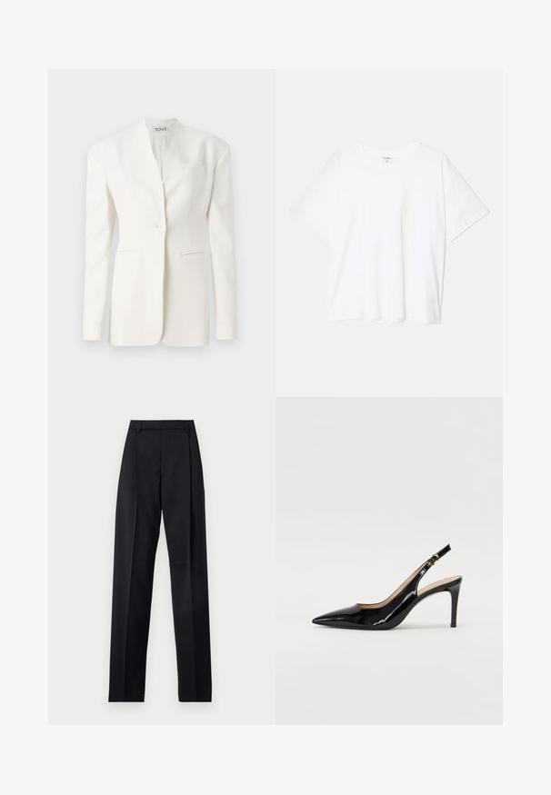 Witte op maat gemaakte blazer met een enkele knoop, scherpe revers, twee vo pockets en een borstzak. Glad materiaal met een gestructureerde silhouet.; Witte katoenen t-shirt met korte mouwen, ronde halslijn, comfortabele pasvorm en gestikte zoom. Etiket zichtbaar aan de binnenzijde van de hals.; Zwarte broek gemaakt van gladde stof met een hoge taille, wijde benen, voorplooien en klassieke ceintuurlussen. Geen zijzakken zichtbaar.; Zwarte gepatineerde leren slingback pump met een puntige neus, slanke hak en een subtiel uitgesneden ontwerp. Bevat een gouden gesp op de band.