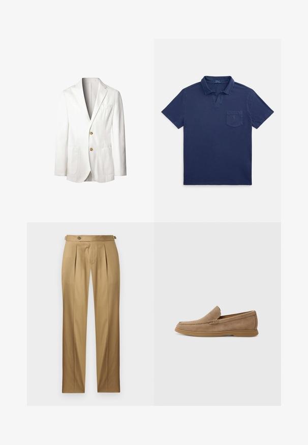Blazers de lino blanco con solapa muesca, dos bolsillos frontales y dos botones dorados. Interior sin forro con un diseño limpio y minimalista.; Polo azul marino de algodón, con cuello doblado, mangas cortas y un bolsillo en el pecho con un pequeño detalle de logo.; Pantalones beige de corte recto, con pliegues, cierre de botón y trabillas para cinturón. Tela lisa con un aspecto limpio y ajustado.; Mocasines de ante marrón sin cordones con una textura suave y detalles de costura; cuentan con una suela de goma para mayor tracción.