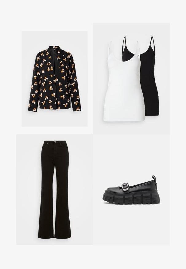 Fekete blézer fehér és narancssárga virágmintával, kihajtható gallérral, hosszú ujjakkal és laza fazonnal. Sima anyagú textúra.; Két női top: az egyik fehér, a másik fekete, puha anyagból készült, vékony pántokkal és mély V-kivágással.; Magas derekú fekete trapéz farmer, gombos záródással, oldalsó zsebekkel és sima textúrával.; Fekete platform loaferek lekerekített orral, sima bőrből készült felsőrésszel, állítható csattal és vízszintes bordázattal ellátott gumitalppal.