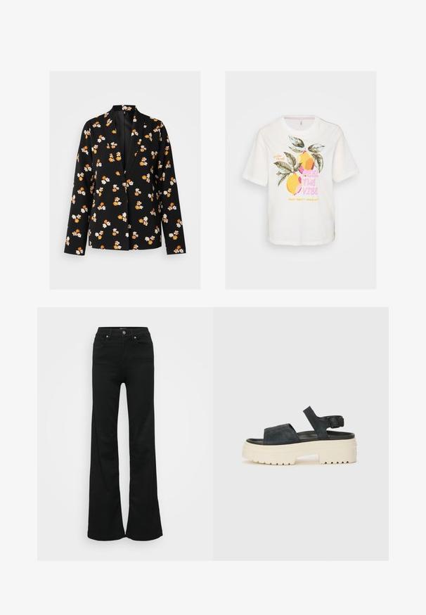 Črn blazer z belim in oranžnim cvetličnim vzorcem, s klasičnim ovratnikom, dolgimi rokavi in sproščenim krojem. Gladka tekstura tkanine.; Bela bombažna majica s kratkimi rokavi, ki vsebuje grafični potisk limon in listov, z besedilom "ČUTI VIBRO" v roza in rumeni barvi.; Črne razširjene kavbojke iz denima, z visokim pasom, petimi žepi in kovinskim gumbom za zapiranje. Gladka tekstura z minimalnimi detajli.; Črne nubuk sandale na platformi z debelim belim podplatom, širokim sprednjim trakom in nastavljivim zapenjanjem okoli gležnja. Teksturiran podplat za boljši oprijem.
