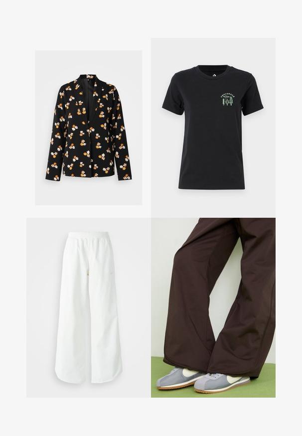 Juodas švarkas su baltu ir oranžiniu gėlių raštu, su įpjovimu ant apykaklės, ilgomis rankovėmis ir laisvu siluetu. Lygus audinio paviršius.; Converse FOREST ART TEE - Marškinėliai su spaudiniu - black; Balti sportiniai keliai su platėjančiomis kojomis, su įtemptu juosmeniu ir subtilia logotipo detale. Lygus audinys, laisvas kirpimas ir siaurėjantis apatinis kraštas.; Rudi plačiai kirpti kelnės su lygia tekstūra ir šoninėmis siūlėmis, derinamos su pilkomis ir baltomis retro stiliaus sportbačiais su guminiais padais.