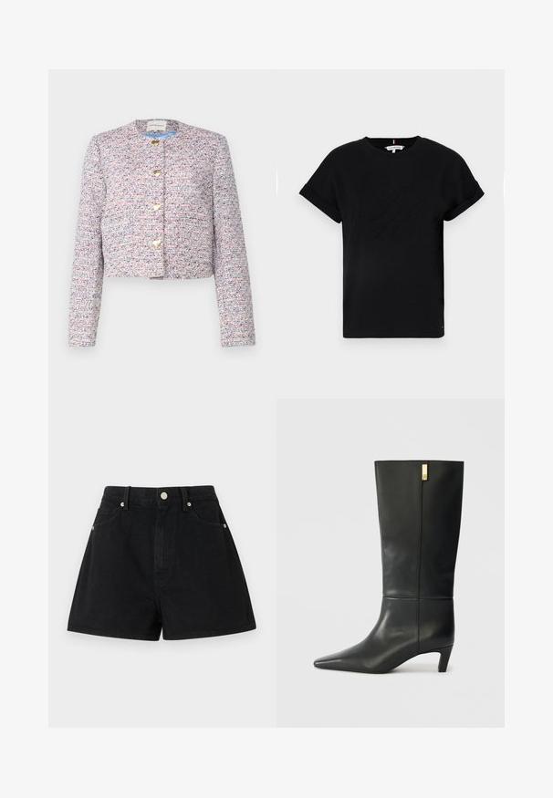 Jachetă scurtă dintr-un material țesut multicolor cu un model texturat. Prezintă un guler rotund și închideri cu nasturi aurii.; Tricou din bumbac negru, cu mâneci scurte răsucite, având un logo embosat în centrul său și un accent mic cu steag pe lateral.; Shorts din denim negru cu talie înaltă, cinci buzunare, accesorii argintii și o croială standard, cu o textură netedă și finisaje curate.; Boot cu piele neagră, până la genunchi, cu vârf ascuțit și toc mic. Prezintă un design elegant cu un detaliu auriu. Textură netedă.