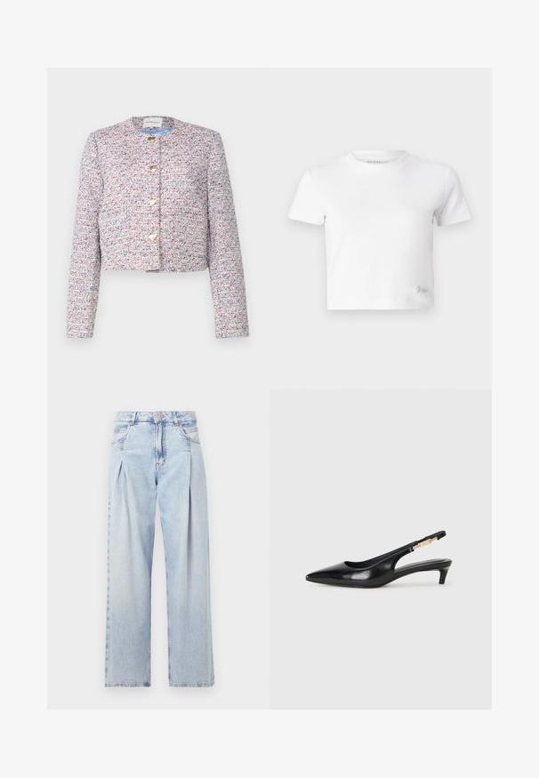 Klasisks jakas krops multikolorā austā audumā ar teksturētu rakstu. Iezīmē apļa formas dekoltē un zelta pogu aizdari.; Balts īsais T-krekls, izgatavots no gludas kokvilnas, ar augstu kakla izgriezumu un īsām piedurknēm. Neliels izšūts logo apakšējā stūrī.; Gaiši zilas džinsu bikses ar augstu jostasvietu, plats kāju griezumu, divām sānu kabatām un krokotā dizaina akcentiem. Mīksta tekstūra ar izdilušu apdari.; Melnas ādas slingback zābaki ar smailu purngalu, ar šauru papēdi un zelta krāsas akcentu uz regulējama siksniņas. Gluda tekstūra.