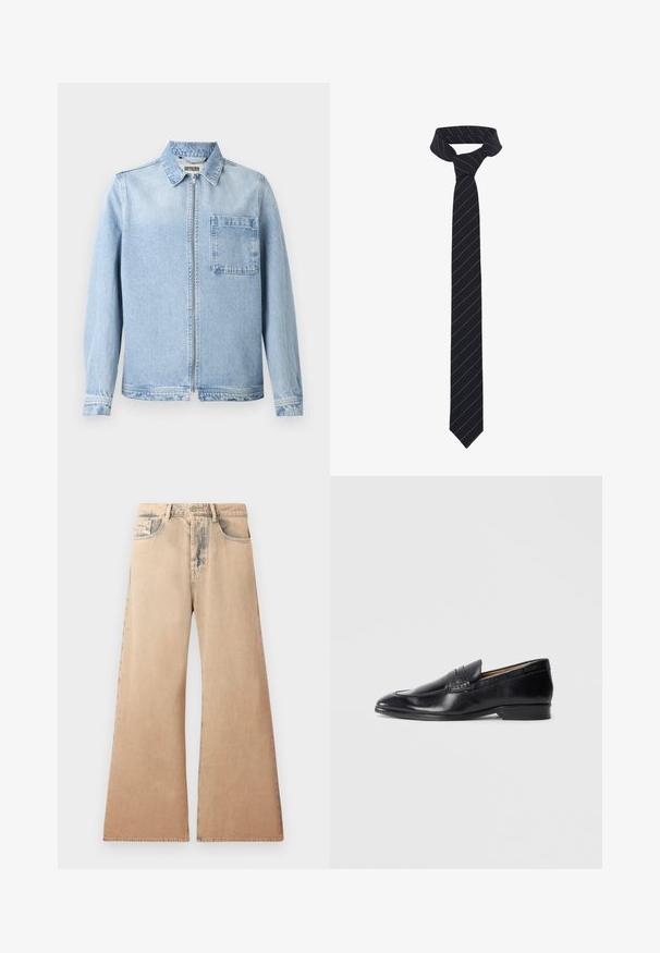 Svetlo modra denim jakna z zadrgo, ovratnikom, dolgimi rokavi in prsno žepom. Ima rahlo blede teksture in standardne manšete.; Bela srajca z dolgimi rokavi iz teksturirane tkanine, s klasičnim ovratnikom, sprednjim gumbom in ravnim robom, sproščenega kroja.; Bež džins hlače širokih nogavica z izbledelim teksturo, petimi žepi in šivanim detajlom ob šivih. Pas ima klasično gumbno zapiranje.; Črni usnjeni loferji z gladko površino, podolgovat vrh in subtilne šive. Imajo ravno peto in embosirano logo na strani.; Črna kravata z diagonalnimi modrimi črtami, izdelana iz gladkega materiala. Ima koničast konec in zategnjen vozel na vrhu.