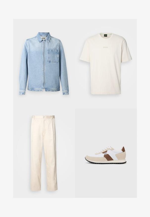 Vaaleansininen farkkutakki, jossa on vetoketjusuljenta, kaulus, pitkät hihat ja rintatasku. Takissa on hieman haalistunut pinta ja tavalliset hihansuut.; BOSS TEE - T-paita - open white; Vaaleanbeige puuvillahousut, joissa on suora lahje, varustettu nappisulkeisella ja etupuolella olevilla laskoksilla lisäyksinä.; Valkoisesta verkkokudoksesta ja beige suede-kankaasta valmistetut lenkkarit, joissa on ruskea nahka-akcentti. Pyöreä kärki, litteä kumipohja ja nauhakiinnitys.