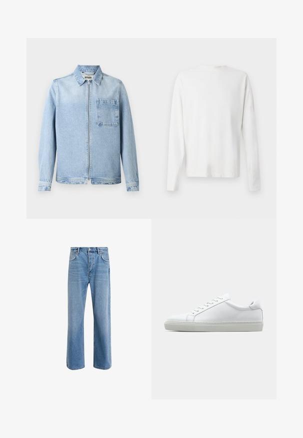 Ljust blå denimjacka med dragkedja, krage, långa ärmar och bröstficka. Har en något blekt textur och standardmanschetter.; Vit långärmad skjorta i bomull med rund halsringning, sidofickor längst ner och en slät yta, visad bakifrån.; Ljust blå denimjeans med rak passform, fem fickor, knappstängning, minimal blekning och kontrasterande sömdetaljer.; Vit sneaker med en slät läderövre och låg profil. Har en rundad tå, sex snörhål och en strukturerad gummisula.
