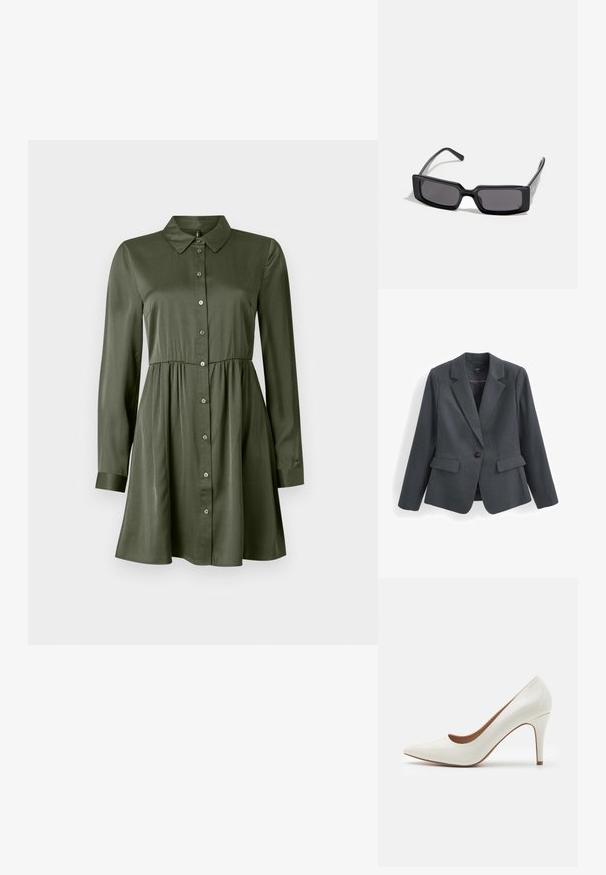 Tmavě šedý blazer vyrobený z texturované tkaniny, s jedním knoflíkem, klopami a dvěma předními kapsami. Podšívka vnitřku.; Kostýmové šaty s dlouhým rukávem v olivově zelené barvě, s vypasovaným pasem a límečkem, mírně rozšířenou sukní a manžetovými rukávy.; Bílé lakované kožené lodičky na vysokém podpatku s špičatou špičkou a hladkým povrchem, vybavené štíhlým podpatkem a nízkým střihem kolem otvoru.; Černé sluneční brýle s obdélníkovým rámem, tmavými čočkami a hladkým lesklým povrchem. Mají tenké nožičky s jemným logem na boku.; Kabelka na zápěstí Michael Kors v béžové potažené plátno s opakujícím se vzorem loga MK, zlatými kovovými doplňky a odnímatelným řetízkovým popruhem.
